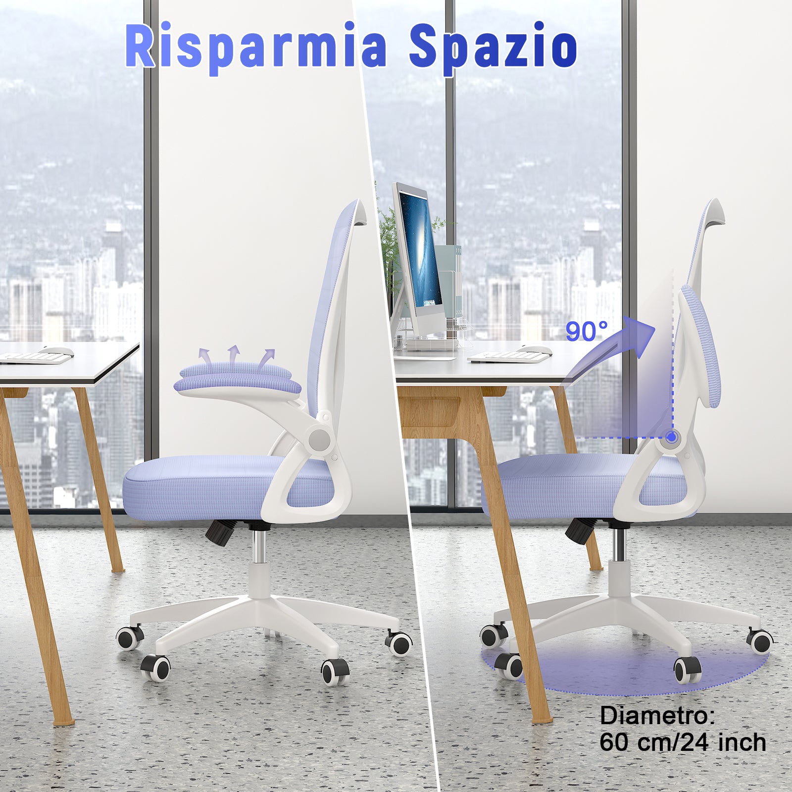 Sedia Ufficio Bracciolo Regolabile - RATTANTREE - con Supporto Lombare, Schienale Reclinabile 105°, viola