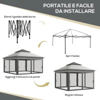 Gazebo con Zanzariere Regolabile su 3 Livelli, in Acciaio e tessuto Oxford, 326x326x272 cm, Grigio Chiaro e Scuro