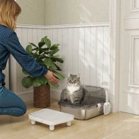 Lettiera per Gatti Coperta con Piatto in Acciaio Inox Bordi Alti Pala Pedana e Zona per la Caduta della Sabbia Grigio