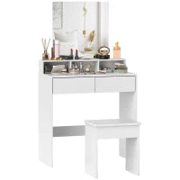 Tavolo da Trucco con Specchio, 3 Ripiani, 2 Cassetti e Sgabello, in Legno, 75x38x135 cm, Bianco