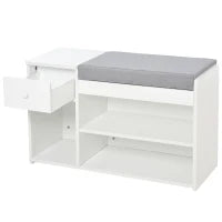 Panca Scarpiera con Cuscino, Cassetto e 3 Vani Aperti in Legno, 81x31.5x49cm, Bianco