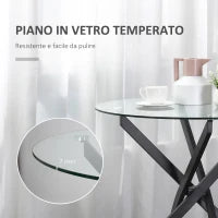 Tavolo Rotondo in Vetro e Gambe Incrociate in Metallo, Tavolino Moderno per Soggiorno e Studio, 80x80x75cm, Nero