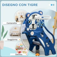Scivolo per Bambini 18-36 Mesi con Canestro da Basket Laterale in PE, 133x60x70 cm, Blu e Grigio
