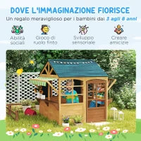 Casetta per Bambini 3-8 Anni con 5 Finestre e 2 Lavagne, in Legno di Abete, 173x117x144 cm, Marrone e Blu