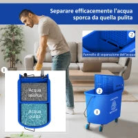 Carrello per Pulizie in Plastica PP da 20L con Secchio e Strizzatore, 60x27x70.5 cm, Blu