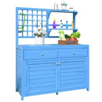 Armadio da giardino in legno con ripiani, armadio multifunzionale per esterni con piano aperto, 141,5x44x105 cm, Blu