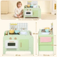 Set Cucina Giocattolo in Legno per Bambini da 3+ Anni con 15 Accessori, Verde