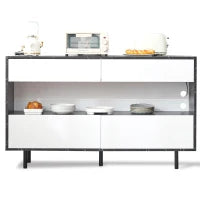 Credenza moderna effetto marmo nero con ripiani aperti, 4 cassetti e illuminazione LED, 150x35x89,5 cm, Bianco e Nero