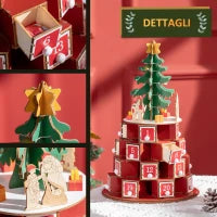 Calendario Avvento di Natale a Cono con Motivi a Tema e 10 Luci a LED, 22x22x35 cm, in Compensato, Rosso Verde e Giallo