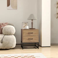 Set di 2 Comodini con 2 Cassetti Stile Industriale in Legno e Acciaio, Colore Legno