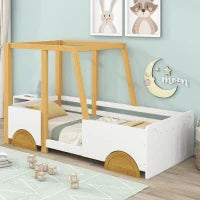 Letto Montessori a Forma di Jeep con Ruote e Sponde Protettive, Letto per Cameretta, Senza Materasso, in Legno e MDF, 90x200 cm, Bianco