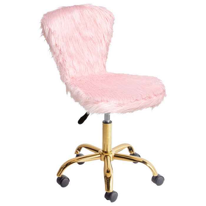 Sedia girevole da ufficio in finta pelliccia rosa pastello con base a gradini altezza regolabile design moderno per ufficio domestico