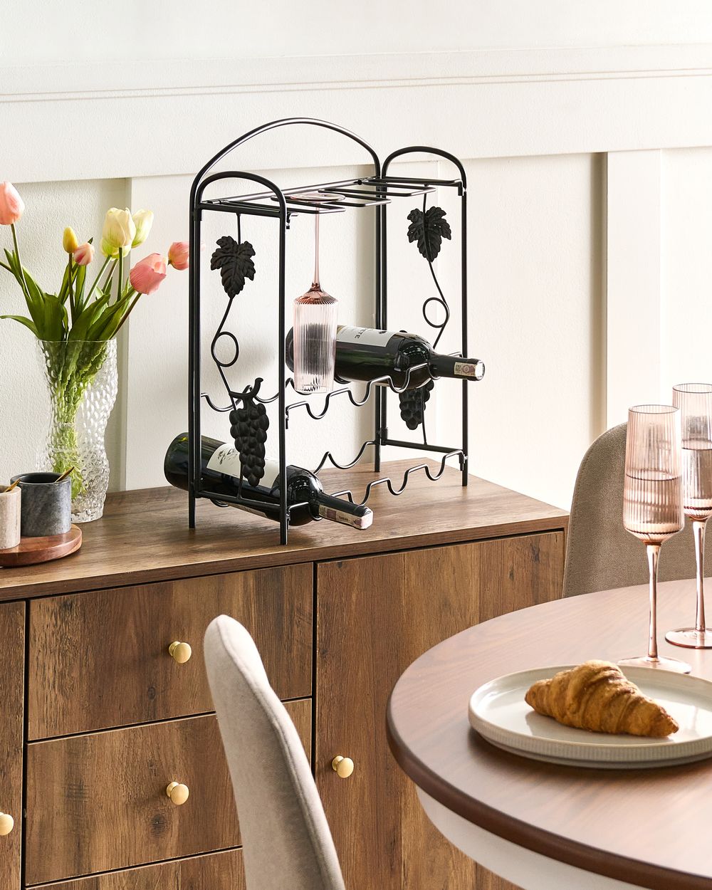 Portabottiglie in metallo nero verniciato 50 x 42 x 15 cm per bottiglie e bicchieri di vino Cucina Sala da pranzo Home Decor