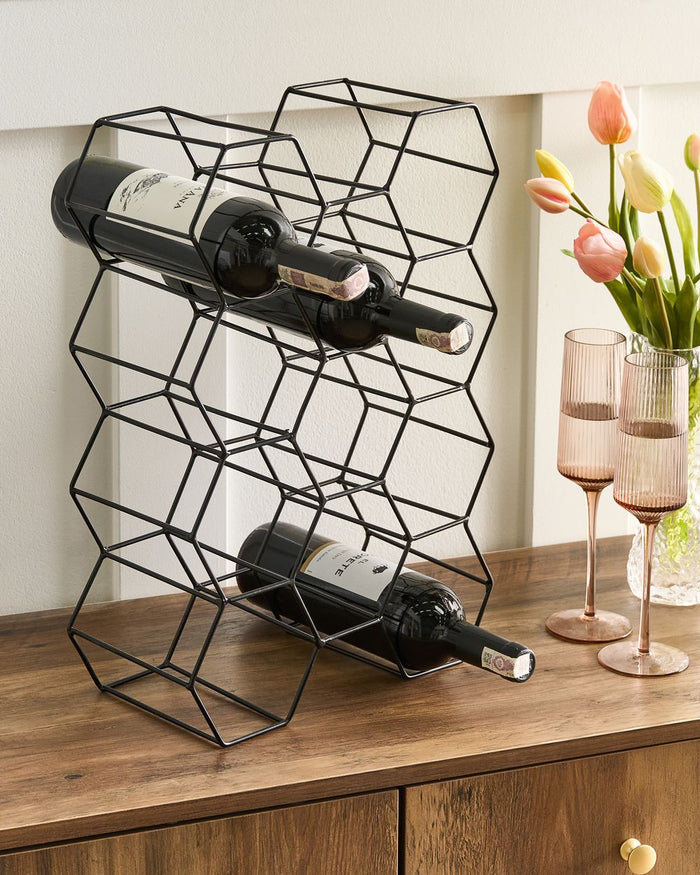 Organizzatore di vino a nido d'ape in ferro per bottiglie nero stile moderno
