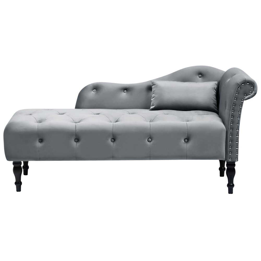 Chaise longue in velluto grigio imbottito con rivestimento a destra e cuscino in stile retrò tradizionale