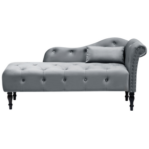 Chaise longue in velluto grigio imbottito con rivestimento a destra e cuscino in stile retrò tradizionale