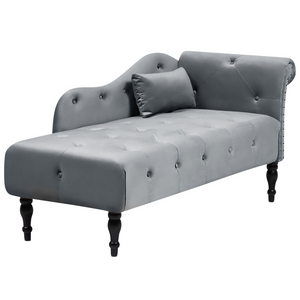 Chaise longue in velluto grigio imbottito con rivestimento a destra e cuscino in stile retrò tradizionale