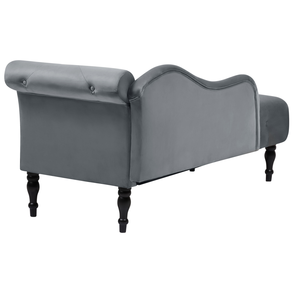 Chaise longue in velluto grigio imbottito con rivestimento a destra e cuscino in stile retrò tradizionale
