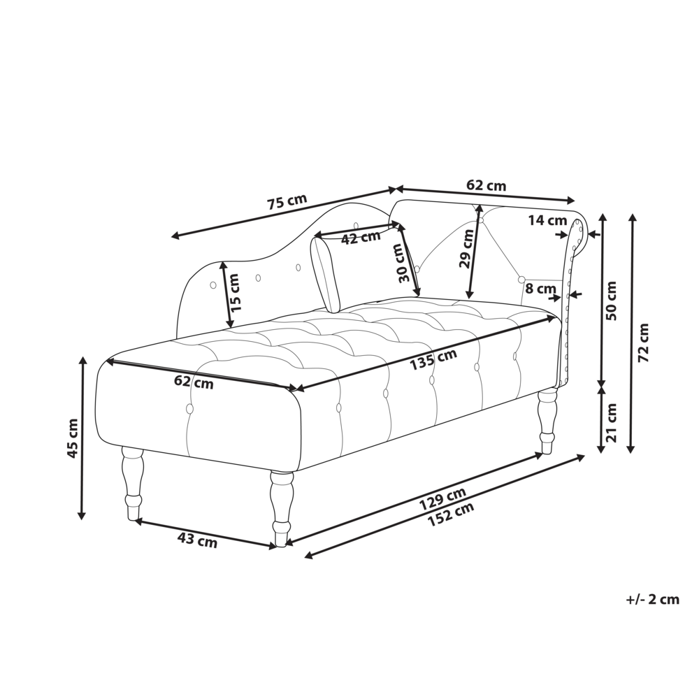 Chaise longue in velluto grigio imbottito con rivestimento a destra e cuscino in stile retrò tradizionale
