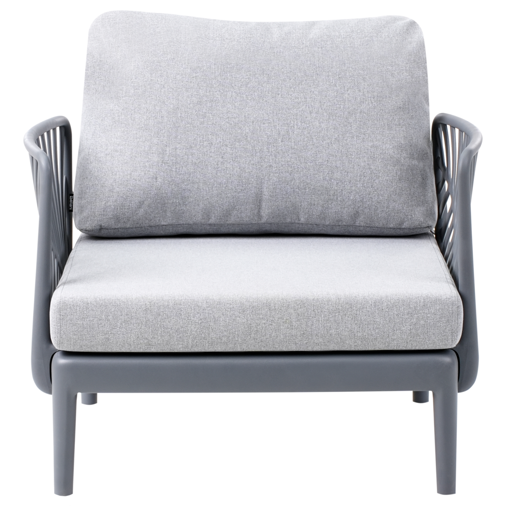 Poltrona da giardino grigia con struttura sintetica sedia da esterno con cuscini stile moderno