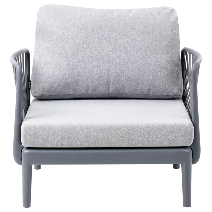 Poltrona da giardino grigia con struttura sintetica sedia da esterno con cuscini stile moderno