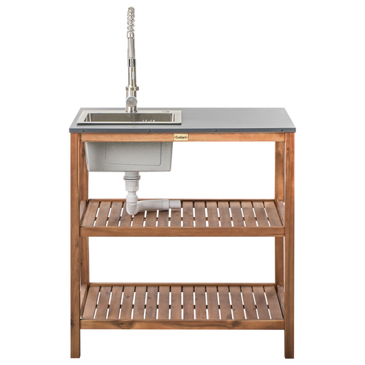 Isola da giardino in legno di acacia marrone e argento 2 ripiani 80 x 50 x 83 cm Piano in acciaio Giardino Cucina Pranzo