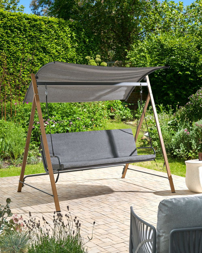 Dondolo da giardino in tessuto grigio con struttura in acciaio a 3 posti