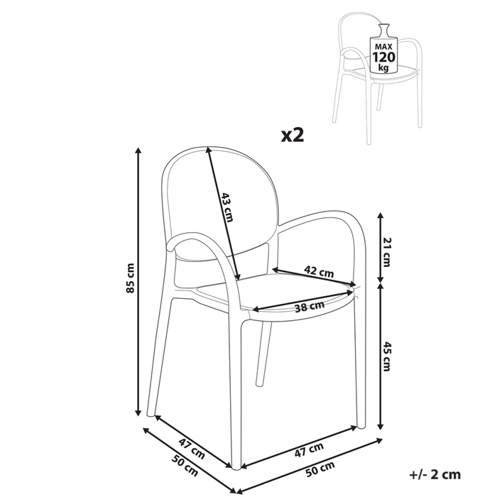 Set di 2 sedie da pranzo in plastica nero per giardino e cucina all'aperto dal design retrò
