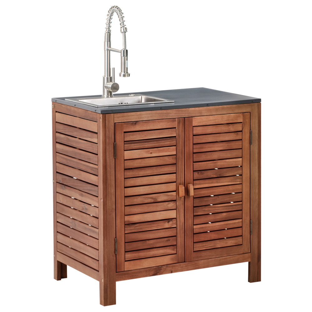 Mobile da giardino in legno di acacia a 2 ante e 2 ripiani 80 x 50 x 83 cm Piano in acciaio con lavello e rubinetto Marrone e argento