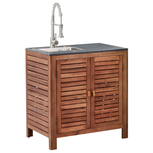 Mobile da giardino in legno di acacia a 2 ante e 2 ripiani 80 x 50 x 83 cm Piano in acciaio con lavello e rubinetto Marrone e argento