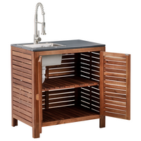 Mobile da giardino in legno di acacia a 2 ante e 2 ripiani 80 x 50 x 83 cm Piano in acciaio con lavello e rubinetto Marrone e argento