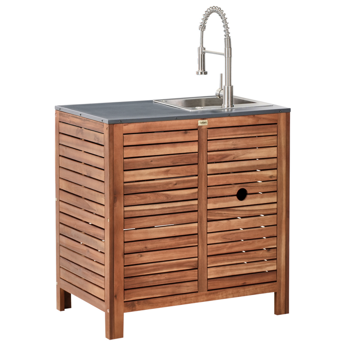 Mobile da giardino in legno di acacia a 2 ante e 2 ripiani 80 x 50 x 83 cm Piano in acciaio con lavello e rubinetto Marrone e argento