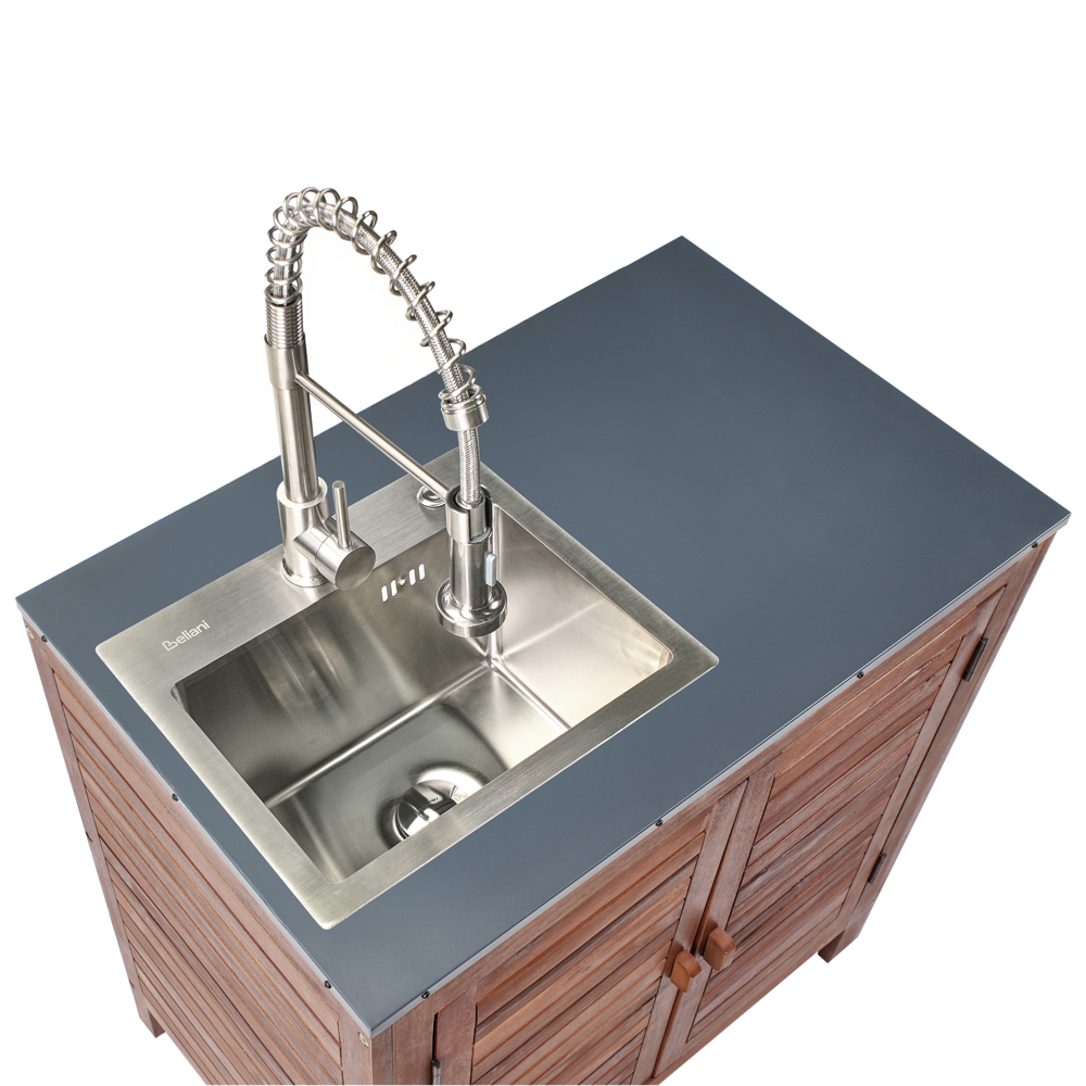 Mobile da giardino in legno di acacia a 2 ante e 2 ripiani 80 x 50 x 83 cm Piano in acciaio con lavello e rubinetto Marrone e argento