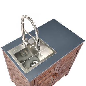 Mobile da giardino in legno di acacia a 2 ante e 2 ripiani 80 x 50 x 83 cm Piano in acciaio con lavello e rubinetto Marrone e argento