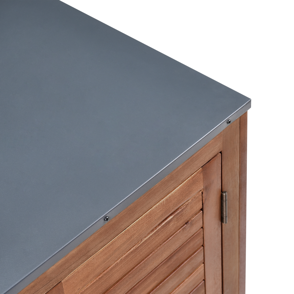 Mobile da giardino in legno di acacia a 2 ante e 2 ripiani 80 x 50 x 83 cm Piano in acciaio con lavello e rubinetto Marrone e argento