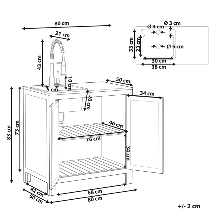 Mobile da giardino in legno di acacia a 2 ante e 2 ripiani 80 x 50 x 83 cm Piano in acciaio con lavello e rubinetto Marrone e argento