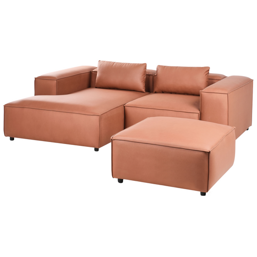 Divano modulare moderno a 3 posti con angolo destro e ottomana Rivestimento in ecopelle marrone dorato