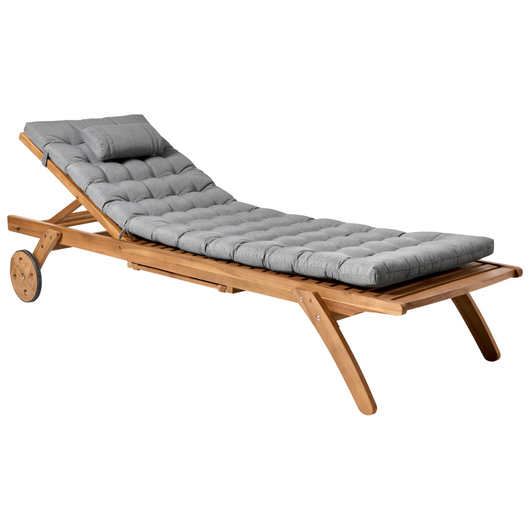 Lettino da giardino in legno chiaro di acacia con cuscino grigio reclinabile su ruote con tavolino