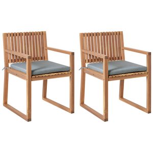 Set di 2 sedie da pranzo da giardino per esterni in legno d'acacia con cuscini grigio resistente agli agenti atmosferici dal design classico