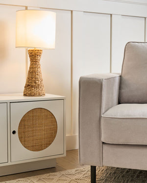 Lampada da tavolo Base in giacinto d'acqua naturale Tessuto con paralume bianco Stile costiero Boho Japandi