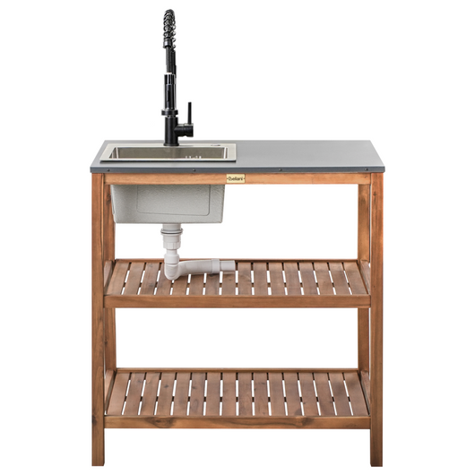 Isola da giardino in legno di acacia marrone e nero 2 ripiani 80 x 50 x 83 cm Piano in acciaio Giardino Cucina Pranzo