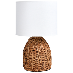 Lampada da tavolo con base in rattan naturale e paralume bianco in stile Boho Japandi