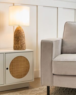 Lampada da tavolo Base in giacinto d'acqua naturale Tessuto con paralume bianco Stile costiero Boho Japandi