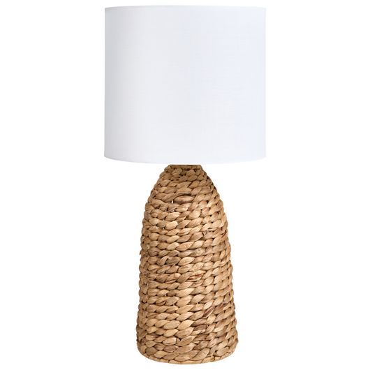 Lampada da tavolo Base in giacinto d'acqua naturale Tessuto con paralume bianco Stile costiero Boho Japandi