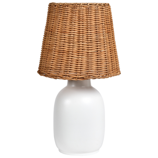 Lampada da tavolo con base in ceramica bianca e paralume in rattan Lampada da comodino per il salotto del corridoio