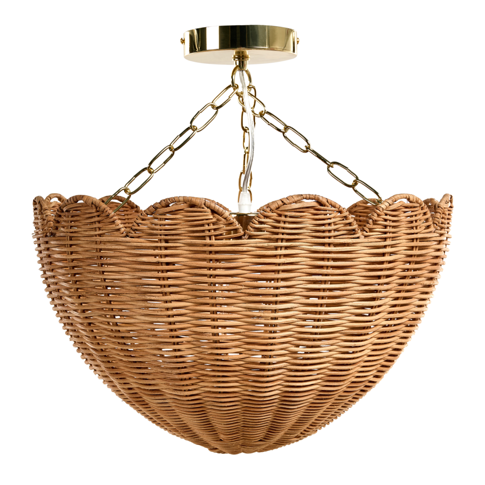 Lampada a sospensione in rattan naturale con bordo a smerlo e montaggio ad incasso in stile vintage