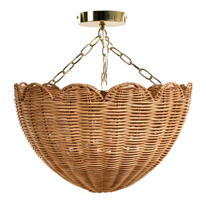 Lampada a sospensione in rattan naturale con bordo a smerlo e montaggio ad incasso in stile vintage