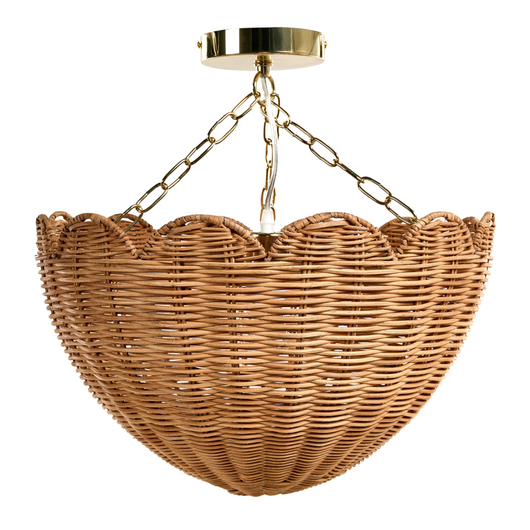 Lampada a sospensione in rattan naturale con bordo a smerlo e montaggio ad incasso in stile vintage