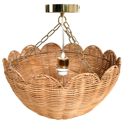 Lampada a sospensione in rattan naturale con bordo a smerlo e montaggio ad incasso in stile vintage