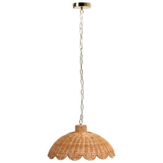 Lampada a sospensione in rattan naturale con bordo a smerlo e montaggio ad incasso in stile vintage